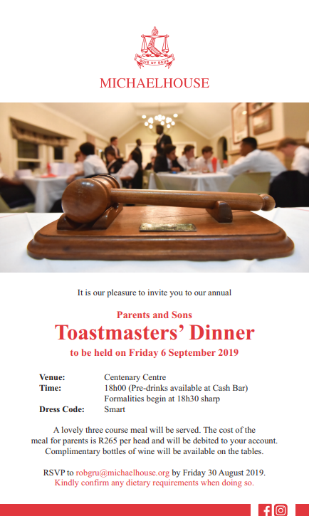 Parents and Sons Toastmasters Dinner invitation for Michaelhouse